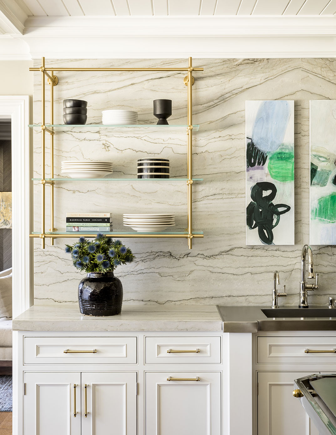 Wall Mounted | Bistro Shelving | Warm Brass with Glass Shelves | Amuneal Collector's Series