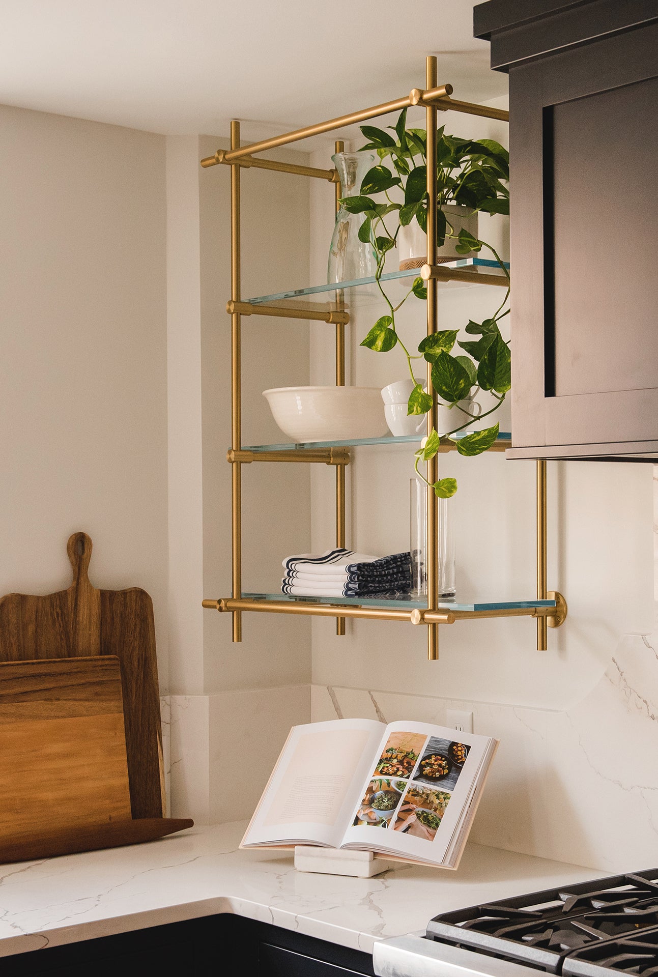 Wall Mounted | Bistro Shelving | Warm Brass with Glass Shelves | Amuneal Collector's Series