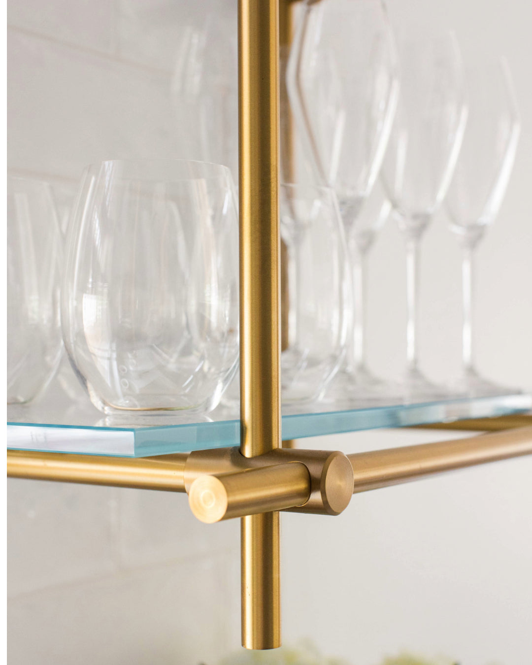 Ceiling + Wall Mounted | Bistro Shelving | Warm Brass with Glass Shelves | Amuneal Collector's Series