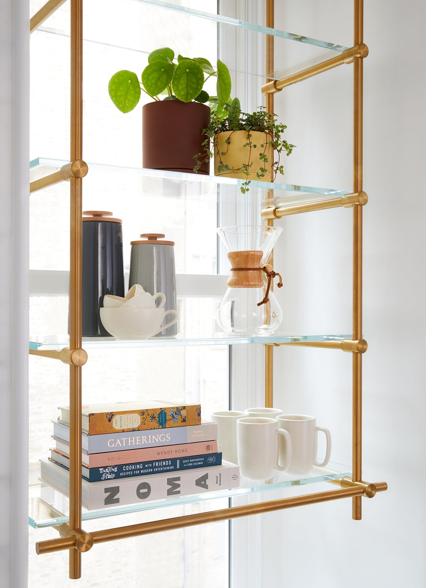 Ceiling Mounted | Suspended Shelving | Warm Brass with Glass Shelves | Amuneal Collector's Series