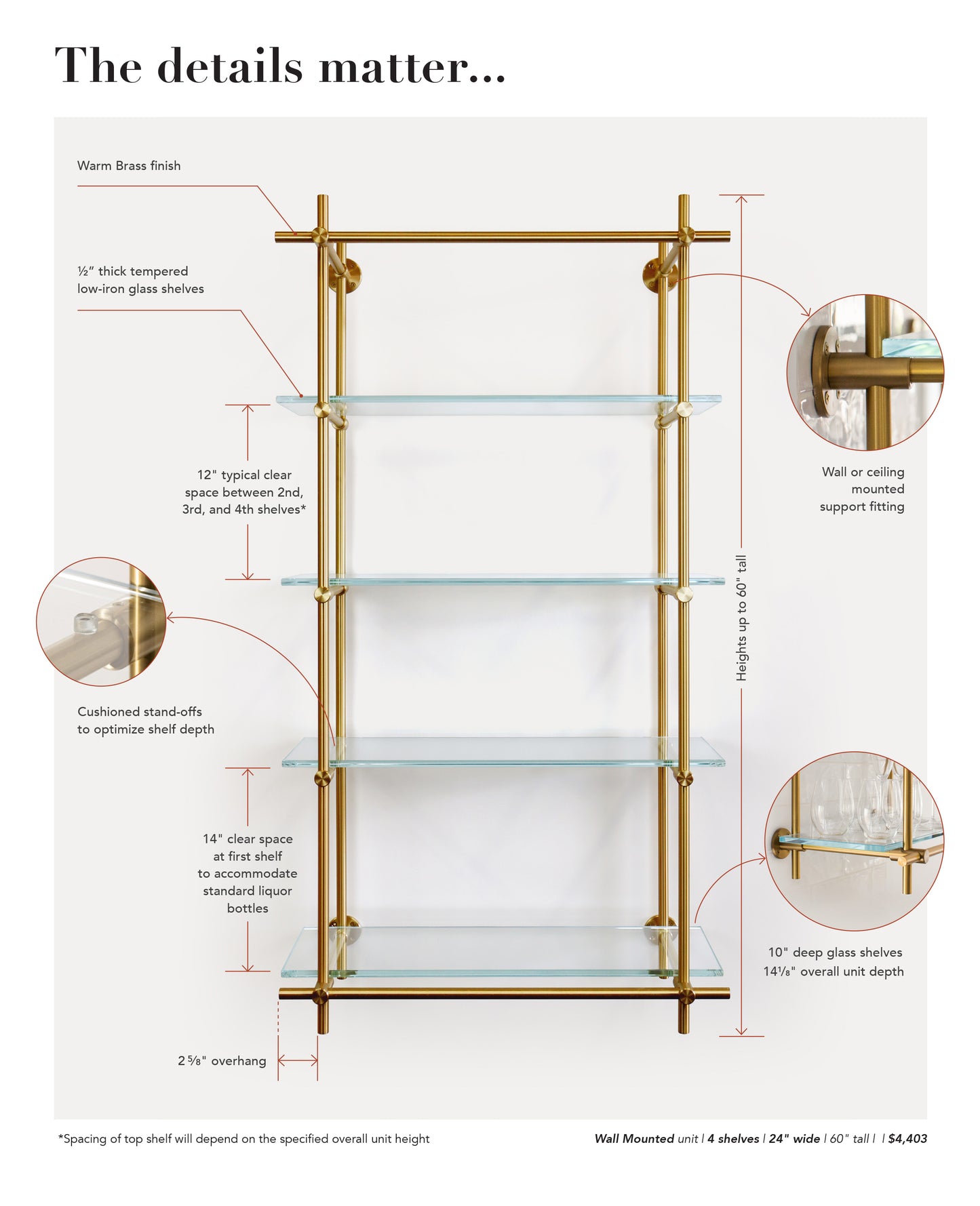 Ceiling + Wall Mounted | Bistro Shelving | Warm Brass with Glass Shelves | Amuneal Collector's Series
