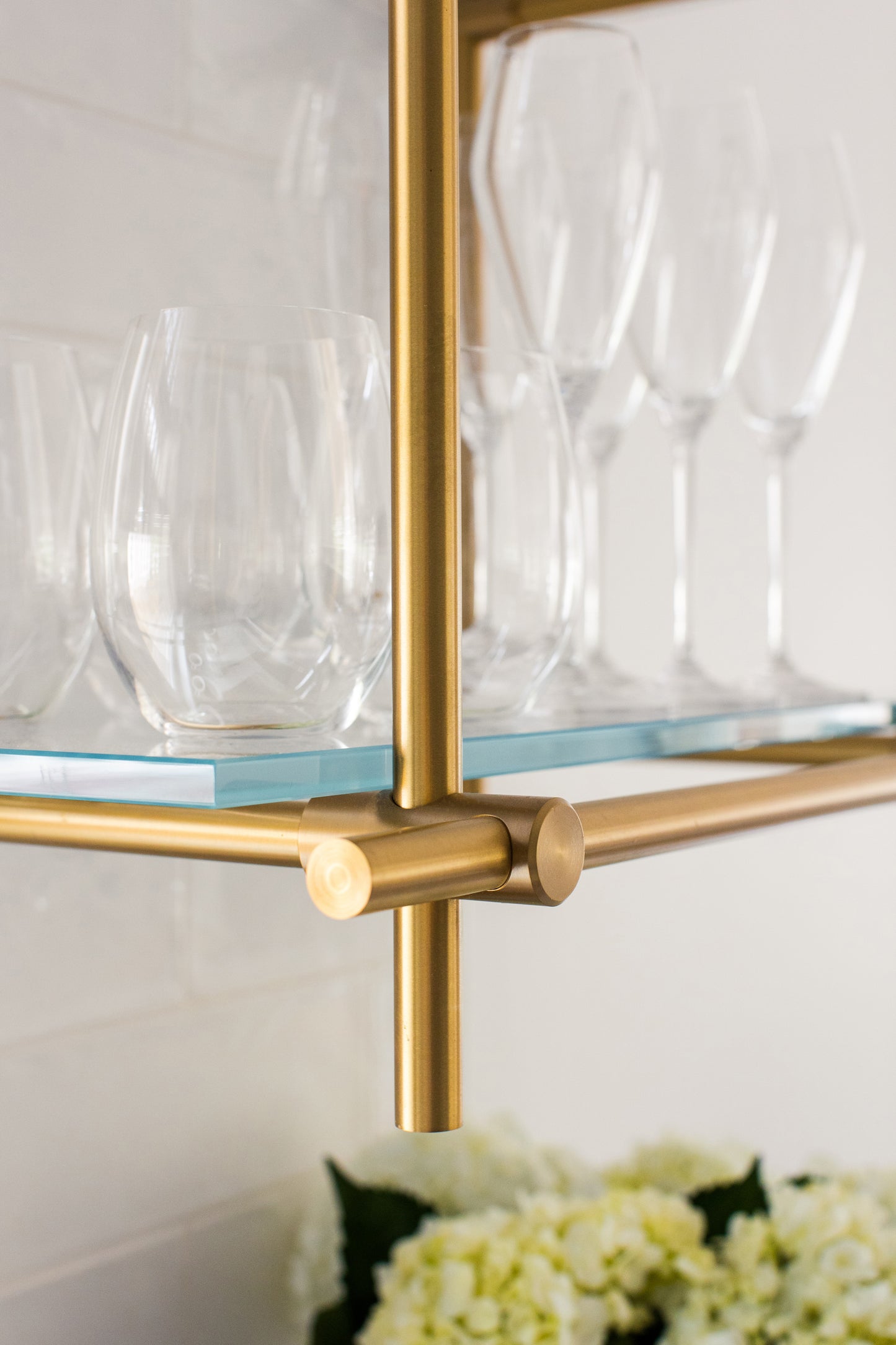 Wall Mounted | Bistro Shelving | Warm Brass with Glass Shelves | Amuneal Collector's Series