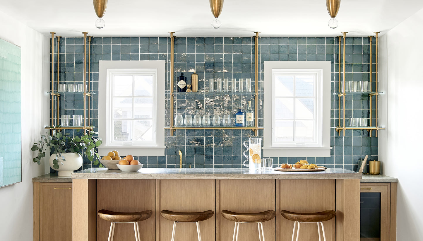 Ceiling + Wall Mounted | Bistro Shelving | Warm Brass with Glass Shelves | Amuneal Collector's Series