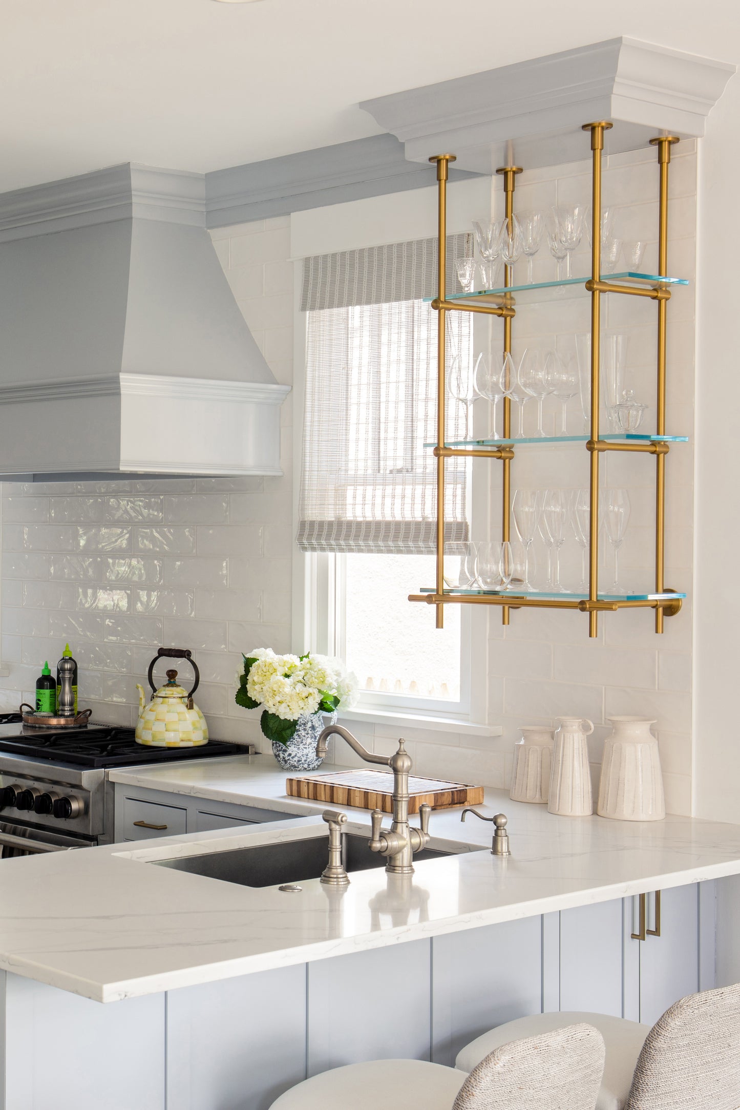 Ceiling + Wall Mounted | Bistro Shelving | Warm Brass with Glass Shelves | Amuneal Collector's Series