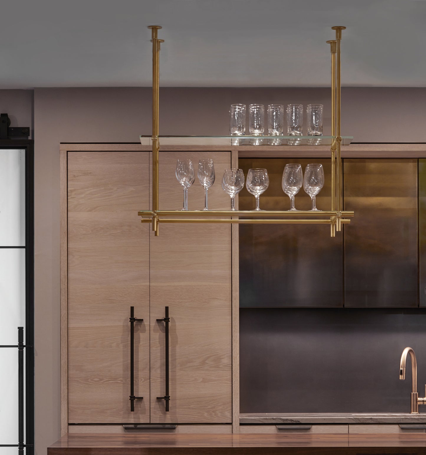 Ceiling Mounted | Suspended Shelving | Warm Brass with Glass Shelves | Amuneal Collector's Series