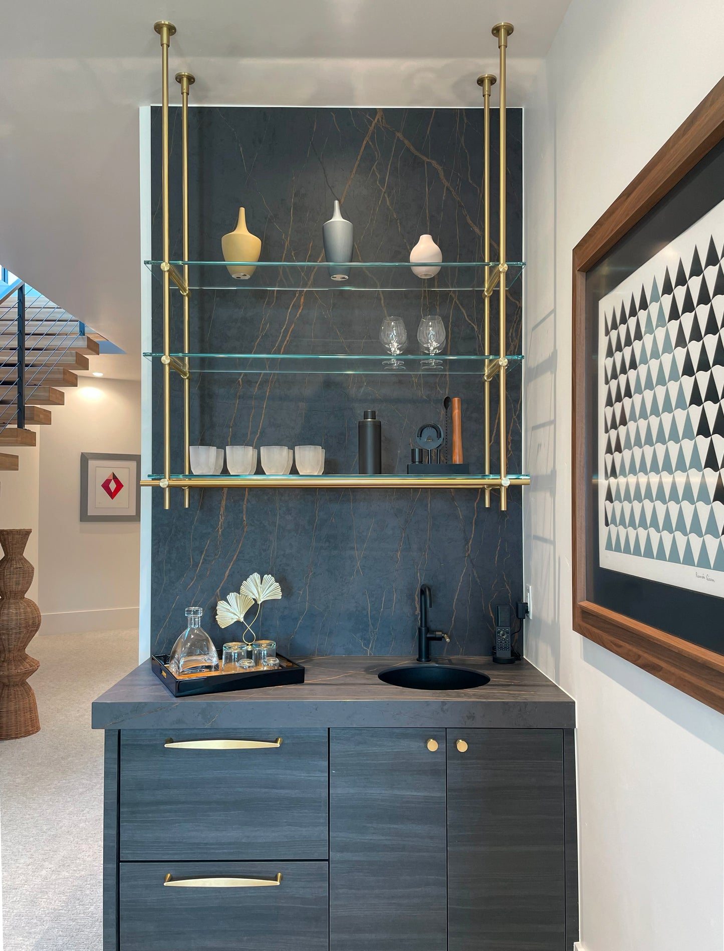 Ceiling + Wall Mounted | Bistro Shelving | Warm Brass with Glass Shelves | Amuneal Collector's Series