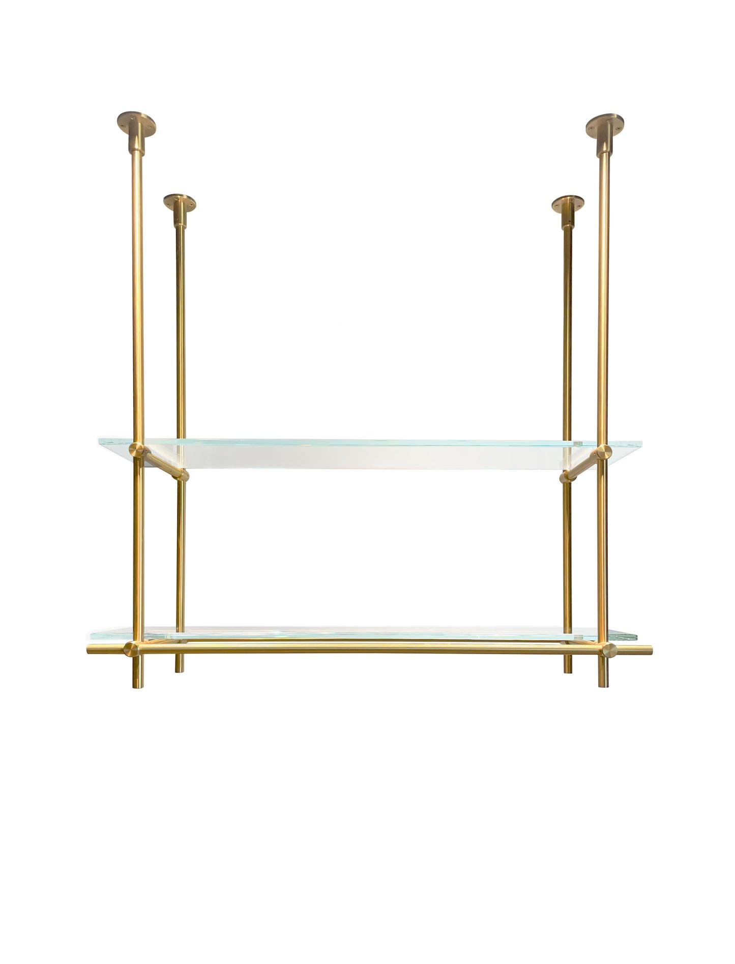Ceiling Mounted | Suspended Shelving | Warm Brass with Glass Shelves | Amuneal Collector's Series