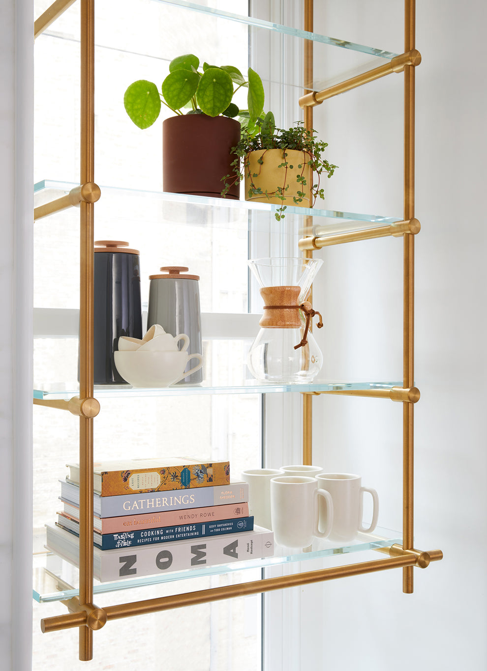 Ceiling Mounted | Suspended Shelving | Warm Brass with Glass Shelves ...