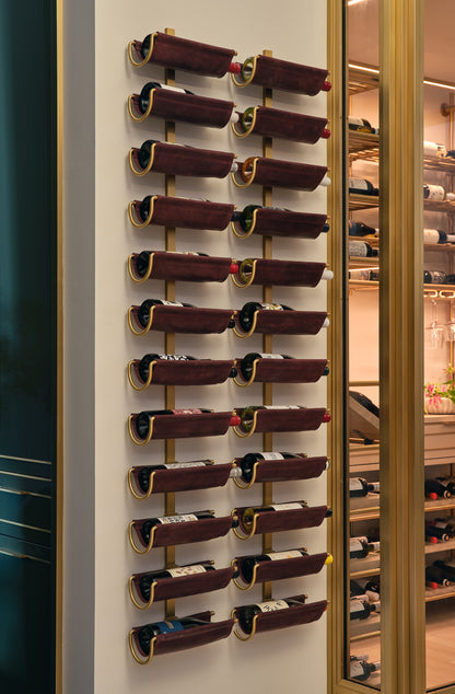 Leather and Bronze Wine Display | Warm Brass Fittings | Wall Mounted | Amuneal Wine Saddle