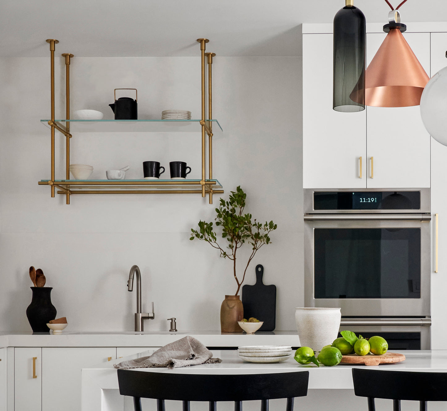 Ceiling Mounted | Bistro Shelving | Warm Brass with Glass Shelves | Amuneal Collector's Series