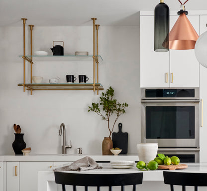 Ceiling Mounted | Bistro Shelving | Warm Brass with Glass Shelves | Amuneal Collector's Series