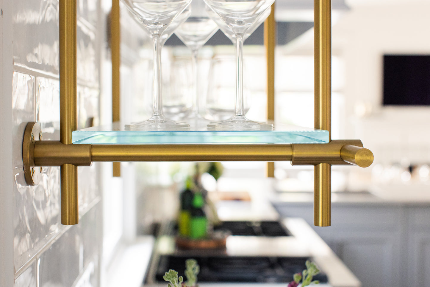 Wall Mounted | Bistro Shelving | Warm Brass with Glass Shelves | Amuneal Collector's Series
