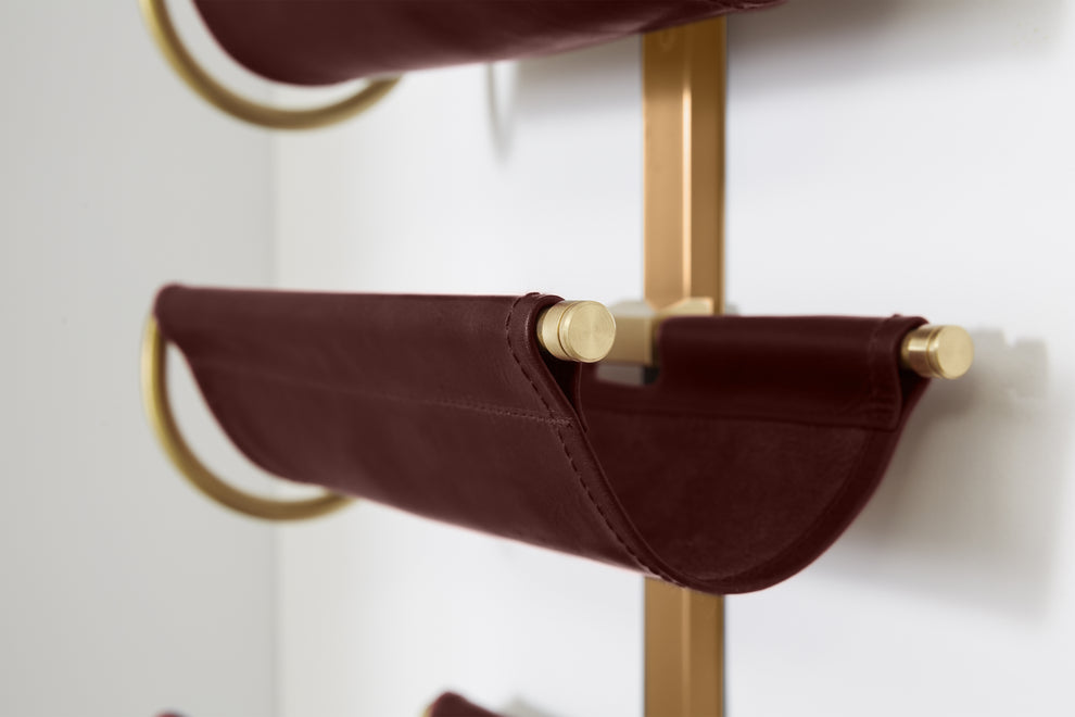 Leather and Bronze Wine Display | Warm Brass Fittings | Wall Mounted ...